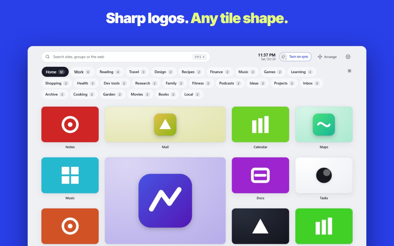 Dialshelf new tab with sharp logos on tiles of different sizes