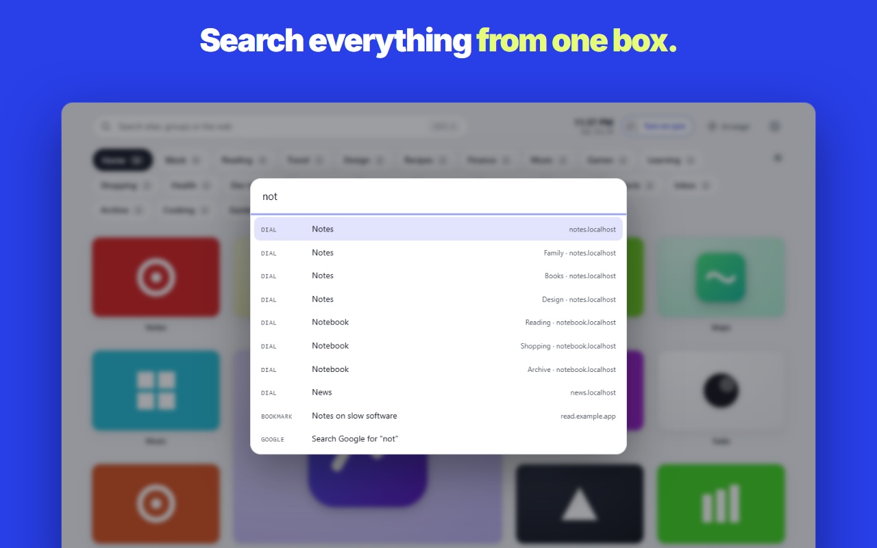 The Dialshelf search box finding a dial, a group and a web search