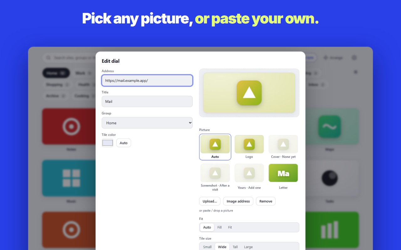 The Dialshelf tile editor showing every picture a tile can have as small previews