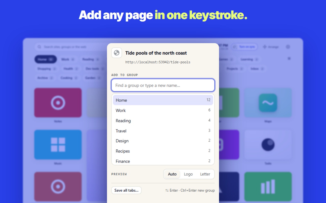 The Dialshelf toolbar popup choosing a group for the current page