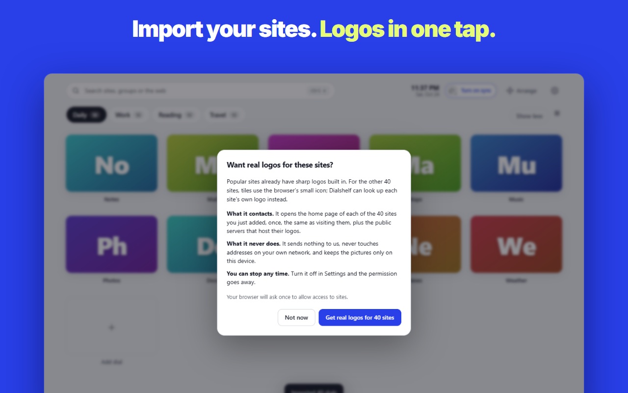 After importing bookmarks, Dialshelf offers to fetch logos in plain words
