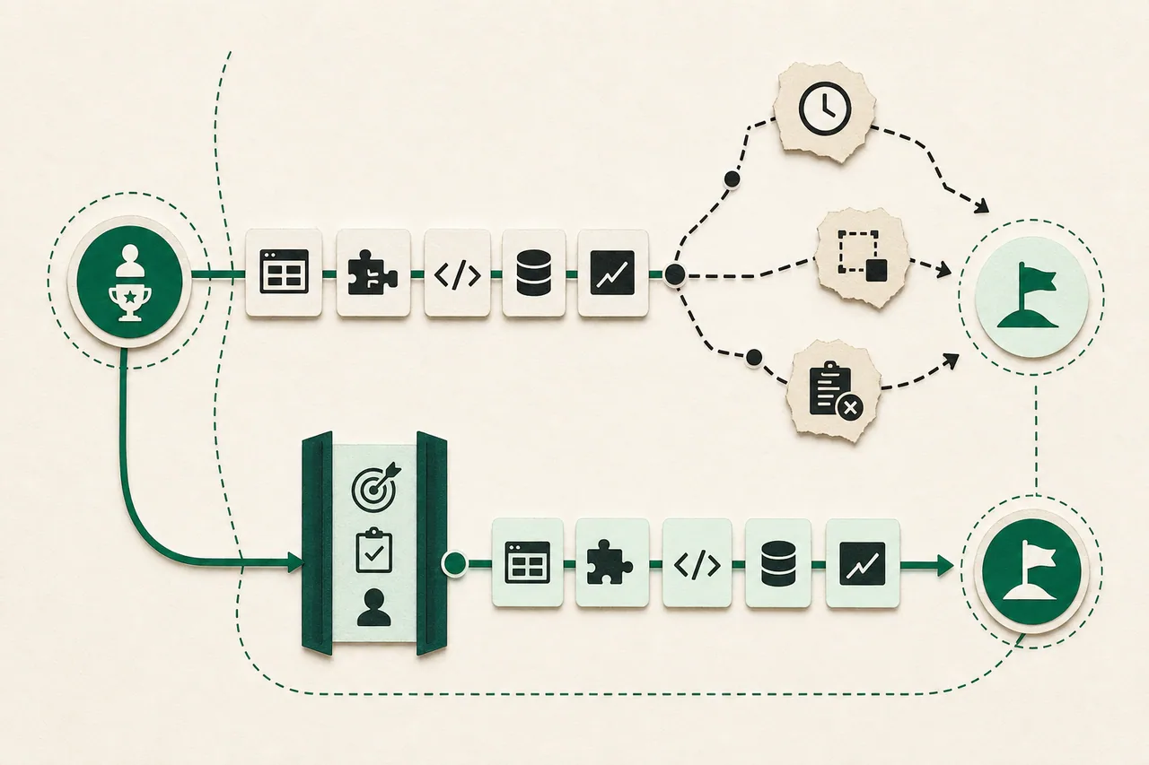 A drifting agency delivery path being reset through an evidence and acceptance gate.