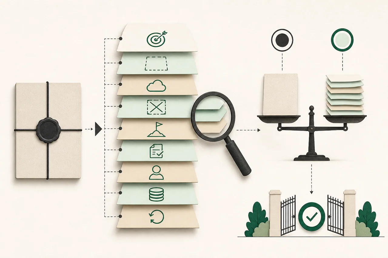 An opaque software quote opened into auditable proposal layers and compared on a balance.