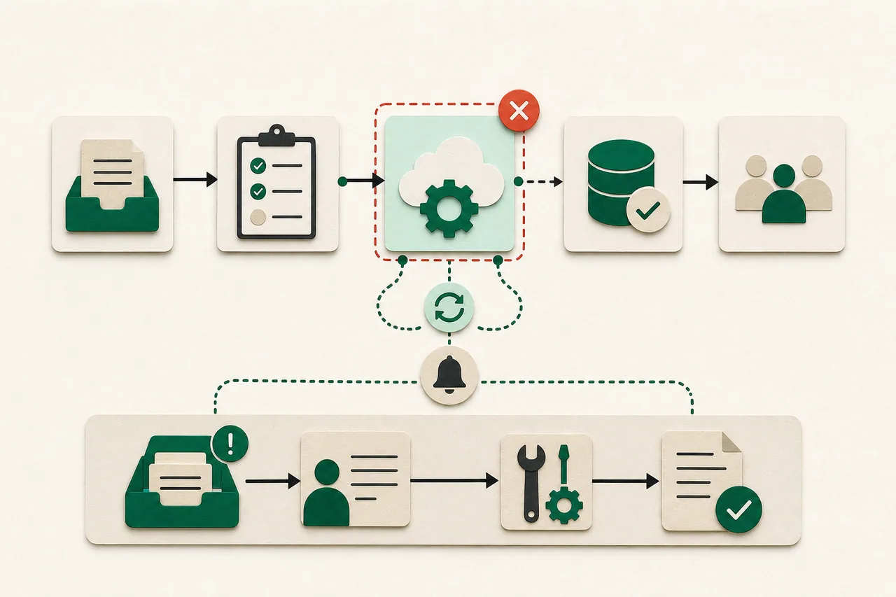 A broken automation handoff protected by retry, alert, and manual fallback paths.