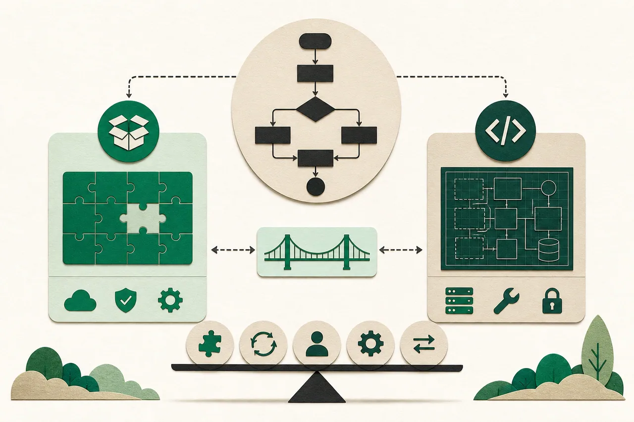 A real business workflow evaluated against SaaS, custom software, and a hybrid bridge.