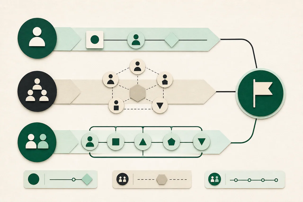 Freelancer, agency, and technical-partner delivery models shown as three distinct paths to the same outcome.