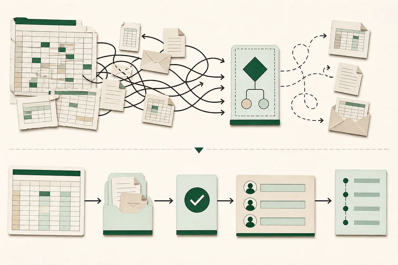 A tangled spreadsheet and email process simplified into validated, owned workflow steps.
