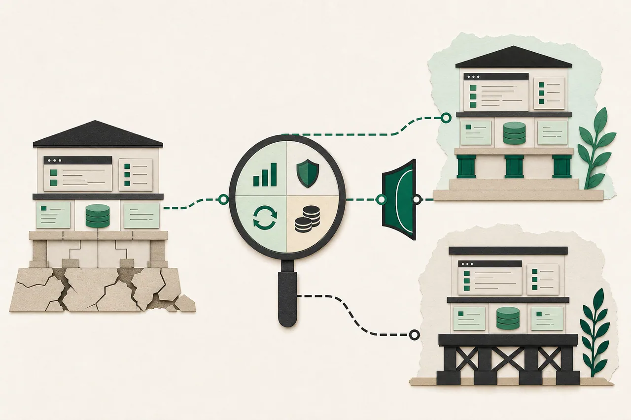 An unfinished software structure inspected before branching toward repair or rebuild.