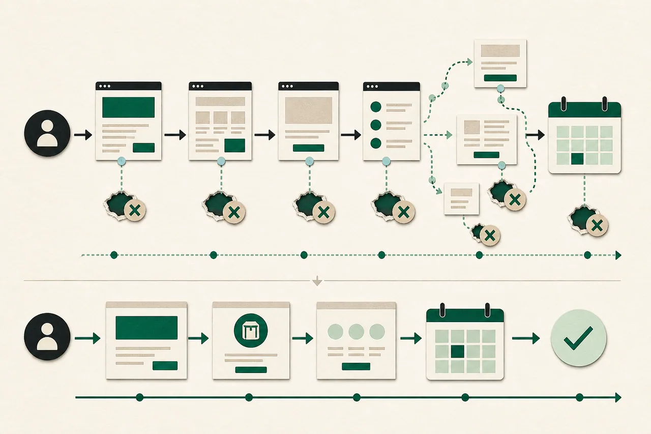 A leaking website journey replaced by a direct path from relevant visitor to qualified calendar action.