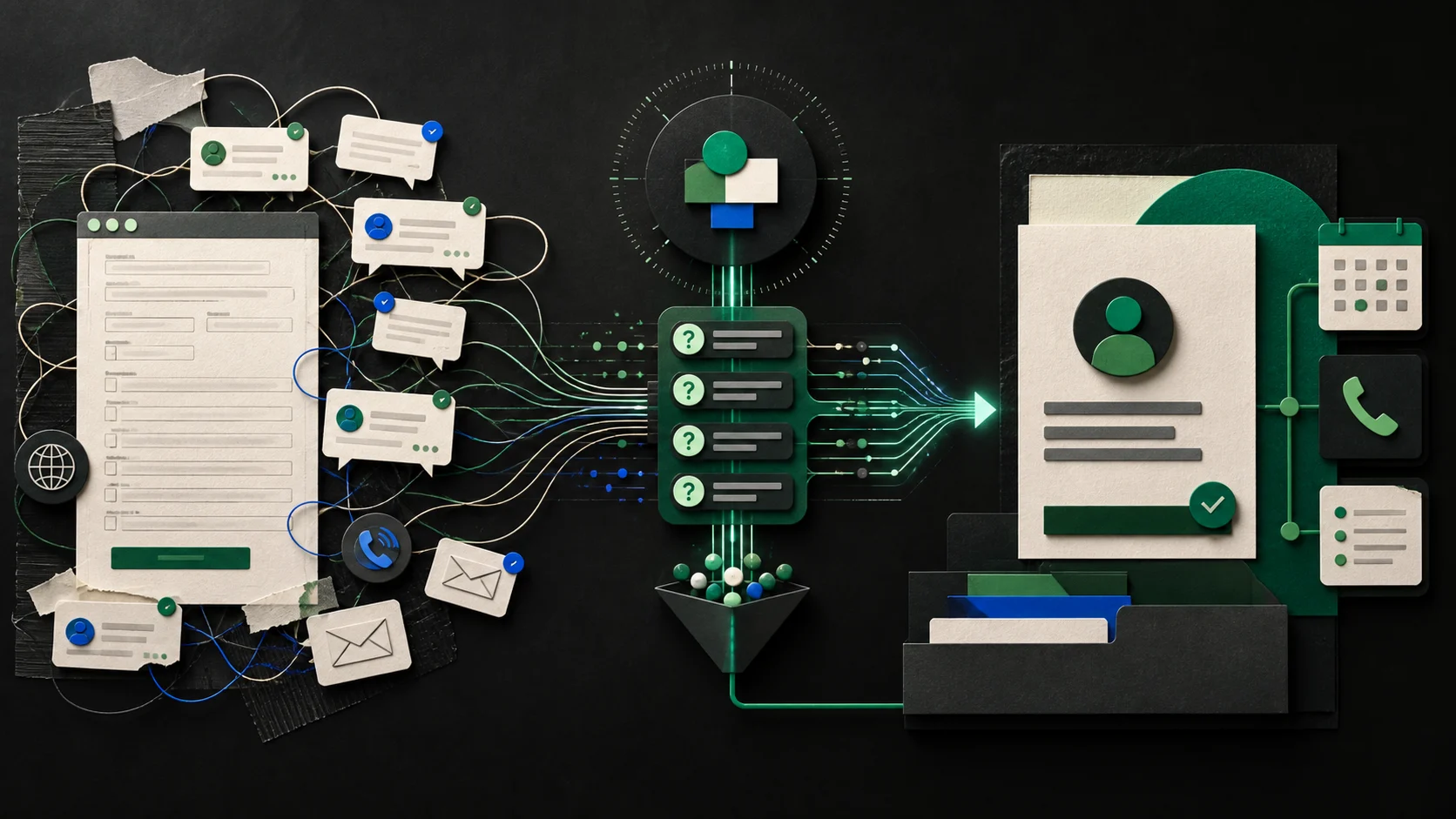 A visual flow showing a cluttered website inquiry becoming organized questions and a clear human-owned next action