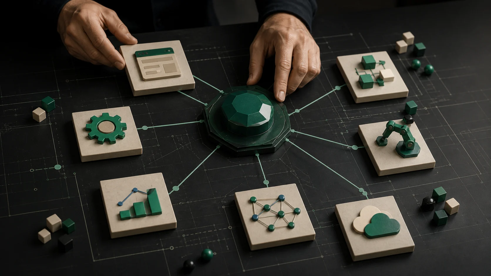 Hands coordinating a central technical control point connected to a website, automation, analytics, cloud, and software systems