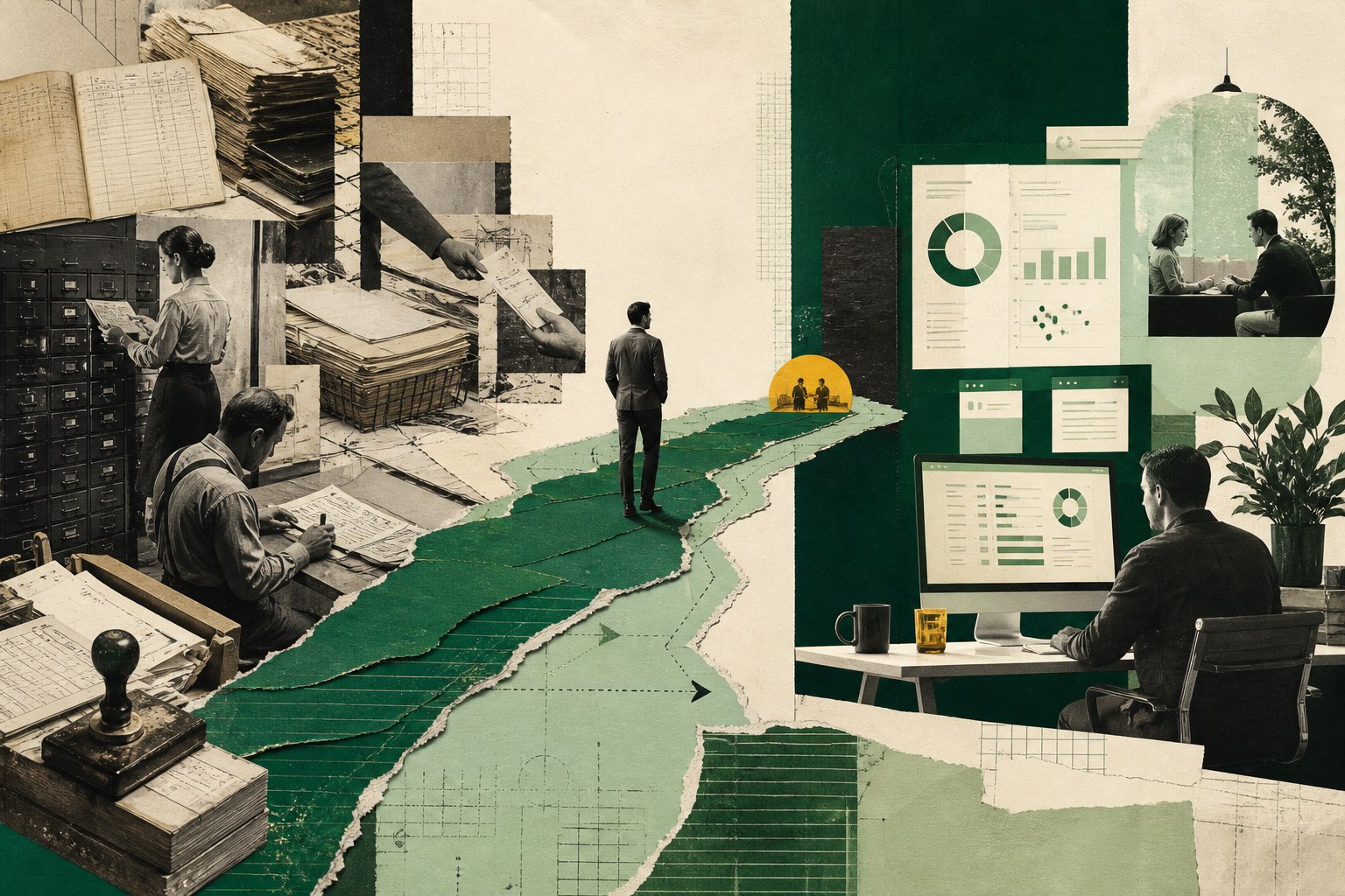 Editorial collage showing manual business systems becoming a focused digital advantage
