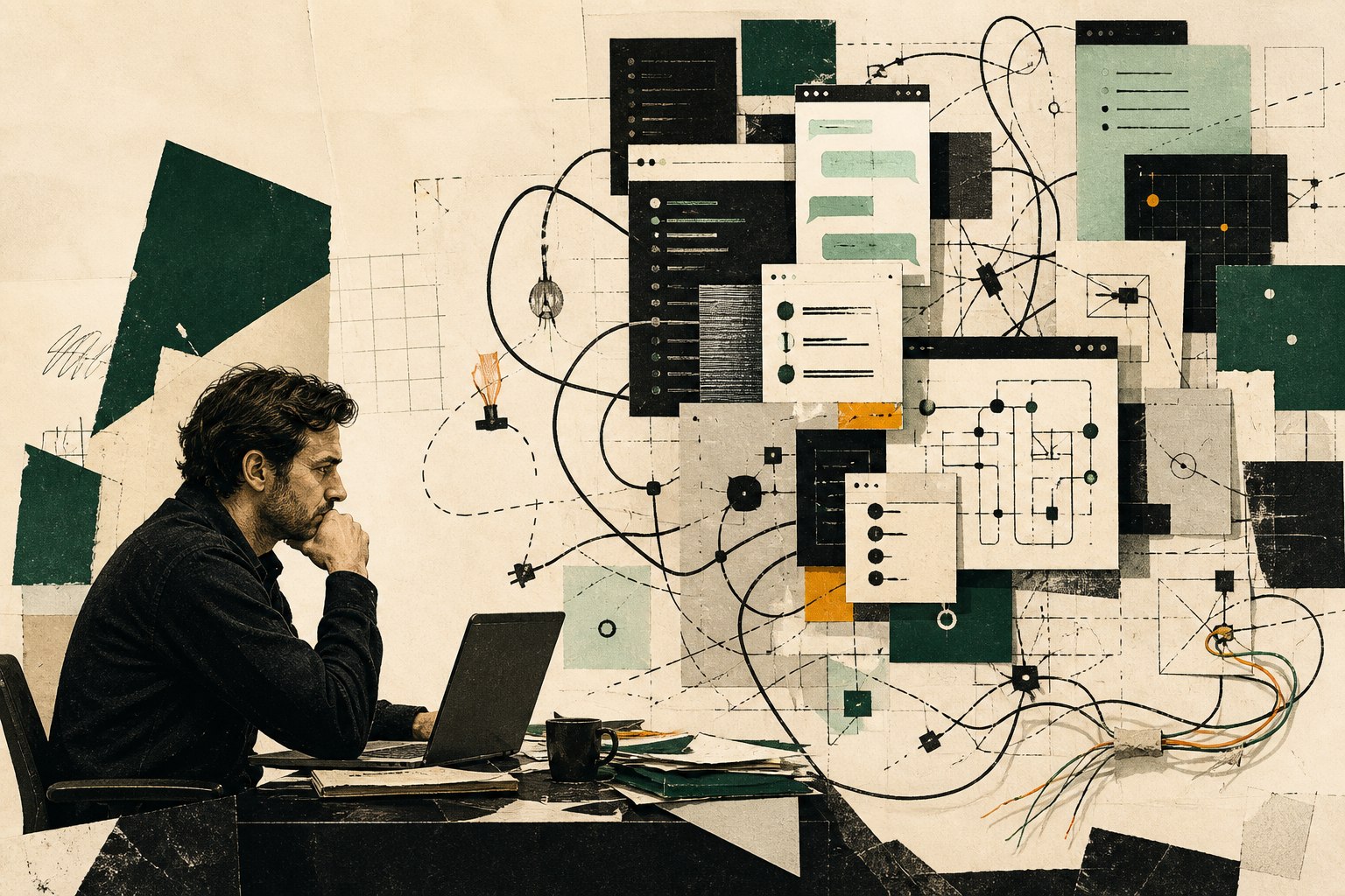 Editorial collage of an owner facing tangled, unfinished software and AI workflows