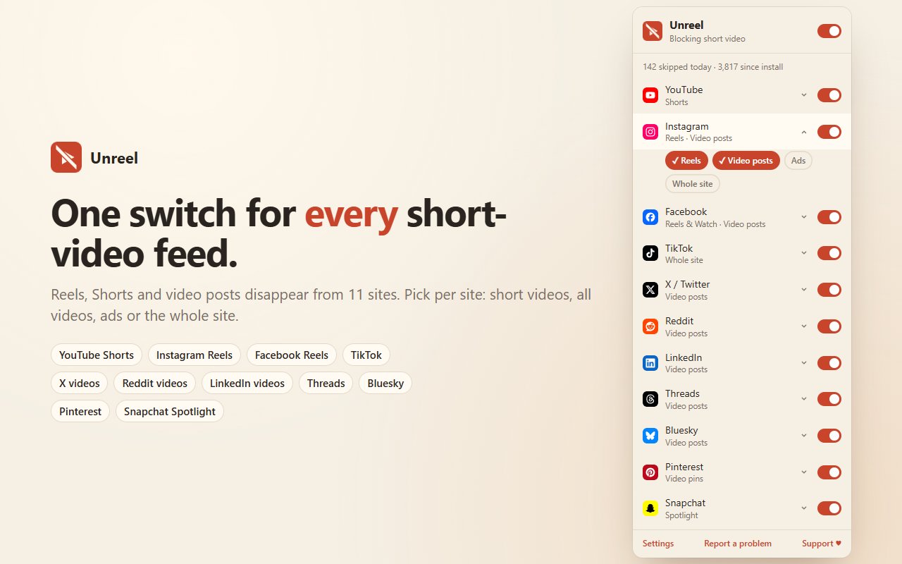 The Unreel toolbar popup: eleven sites with their logos and switches, Instagram open to show Reels, Video posts, Ads and Whole site