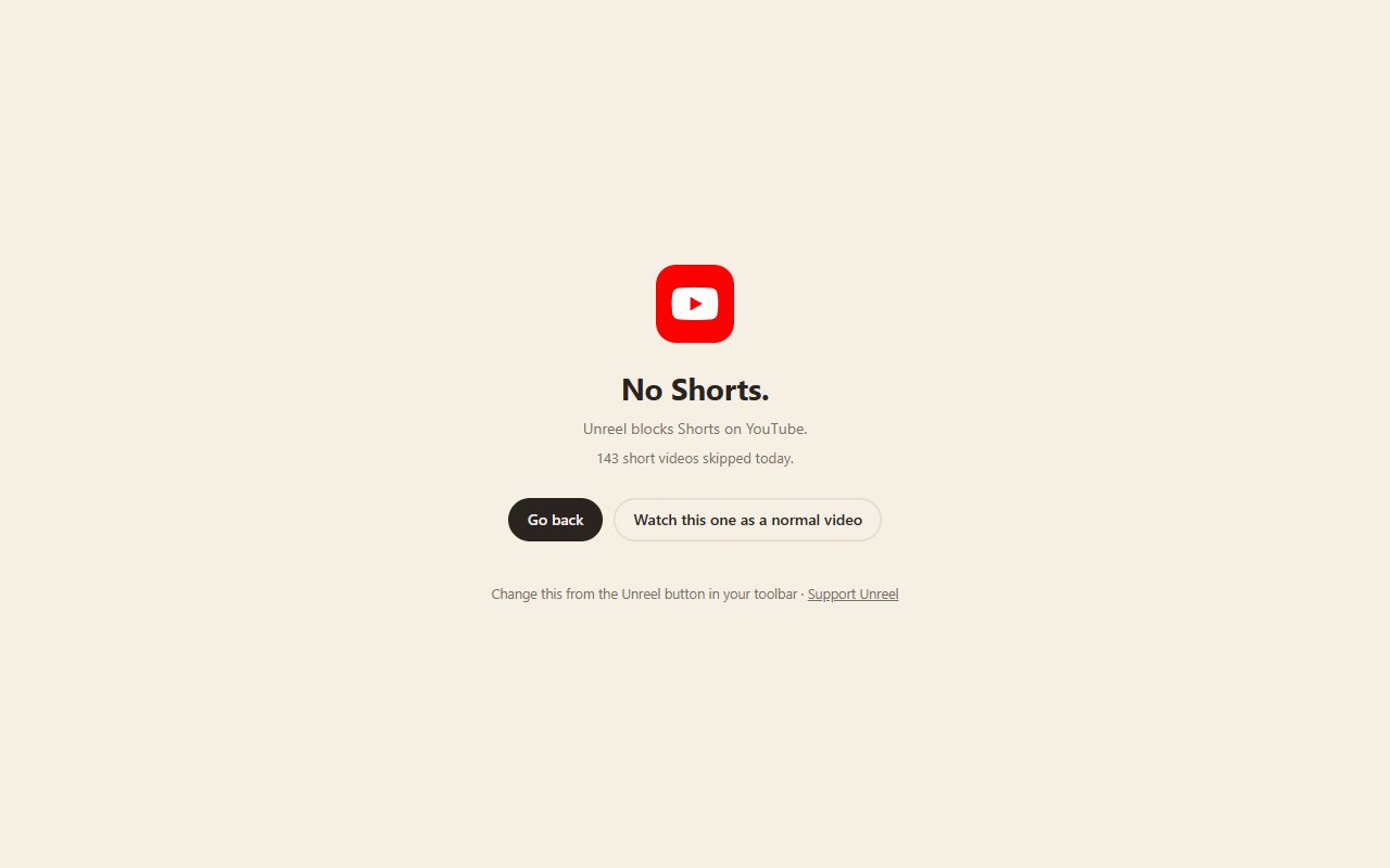 The Unreel blocked page: No Shorts, with Go back and Watch this one as a normal video