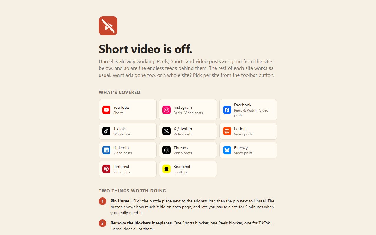 The Unreel welcome page listing the sites it covers, each with its logo