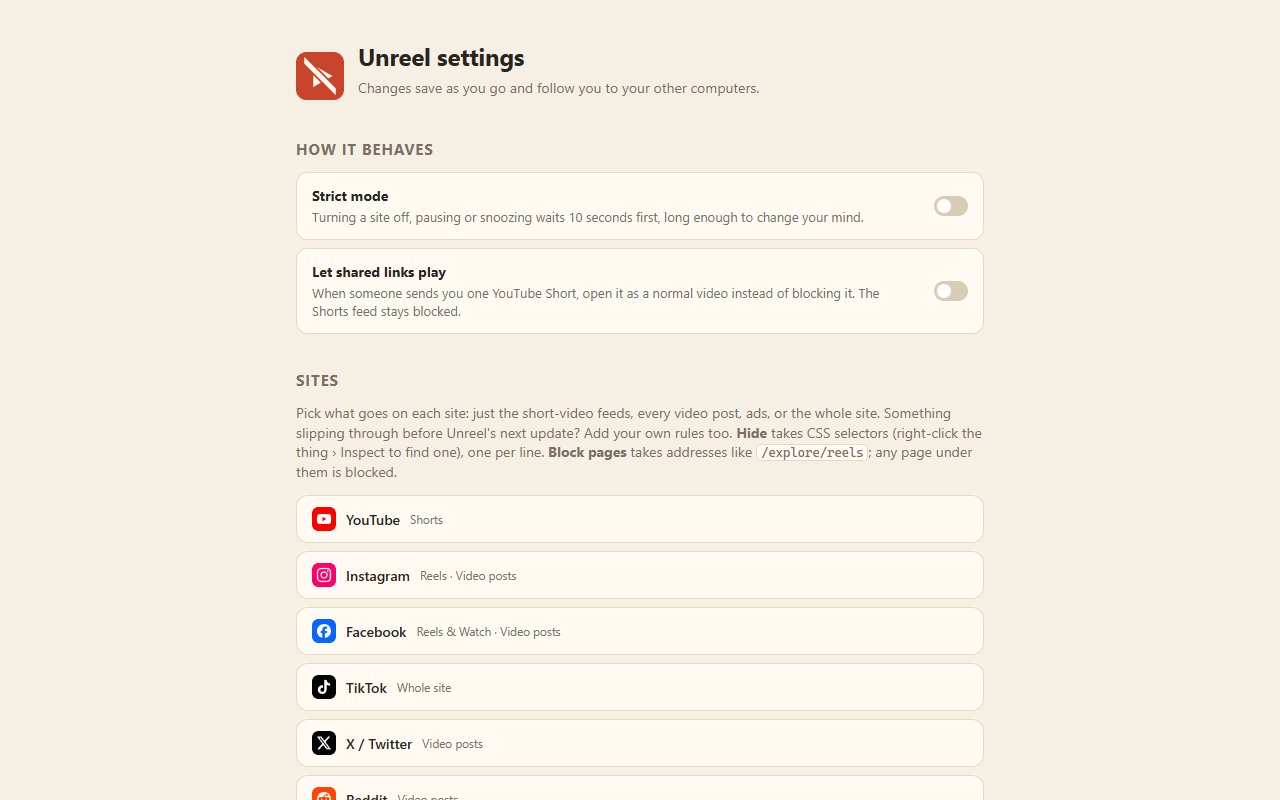 Unreel settings with strict mode, let shared links play and a list of sites to adjust