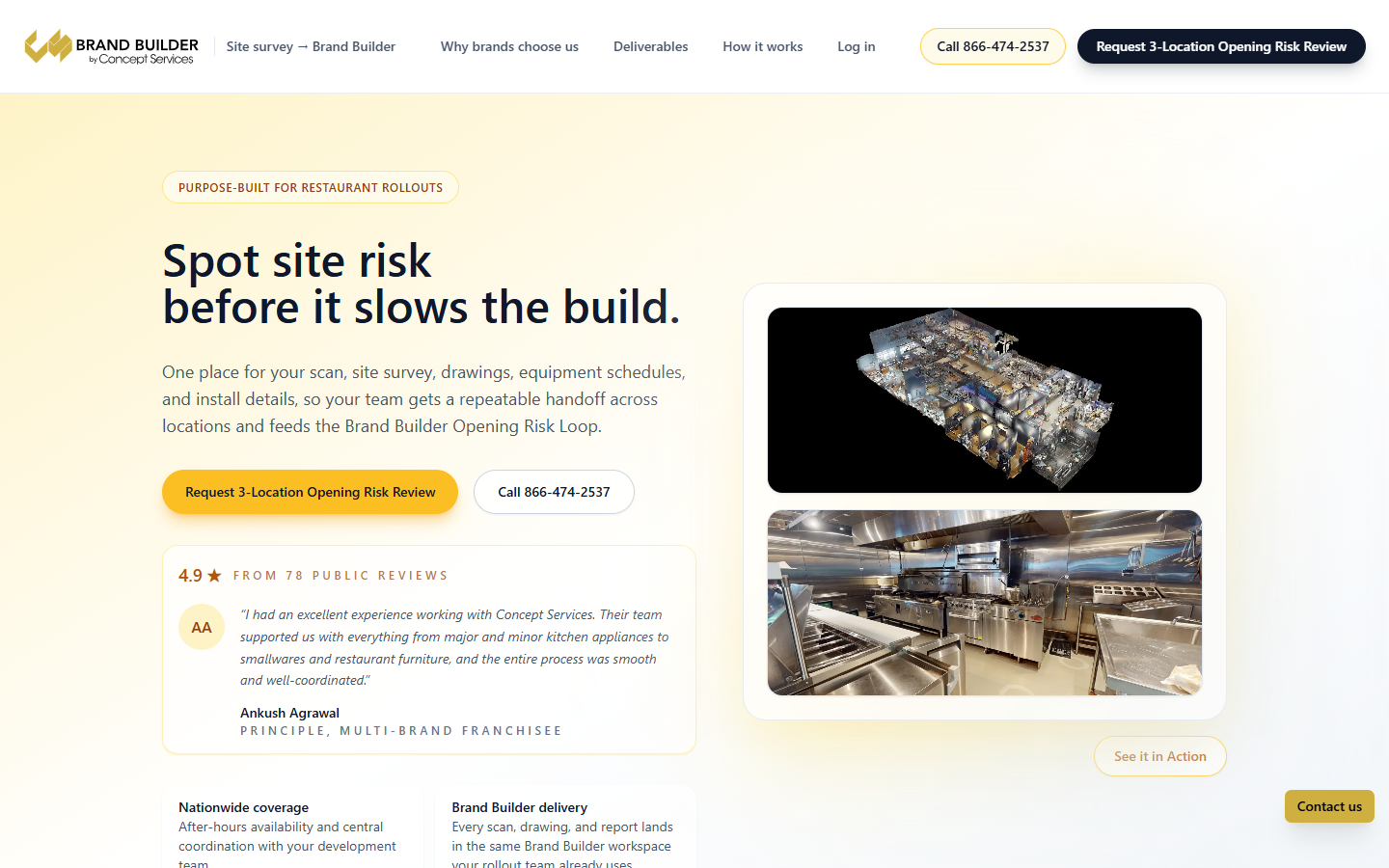 Public Brand Builder site showing its restaurant rollout workflow